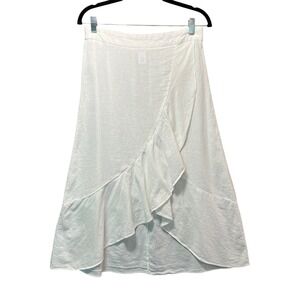 Westport Linen Blend Midi Ruffle Skirt‎ White Elastic Waist Size M Hi Low